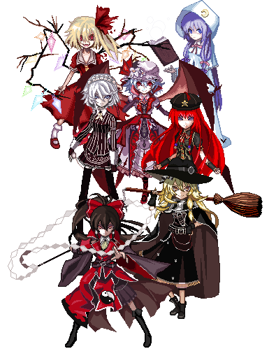 hakurei reimu, kirisame marisa, remilia scarlet, flandre scarlet, izayoi sakuya, and 2 more (touhou and 1 more) drawn by unk_kyouso
