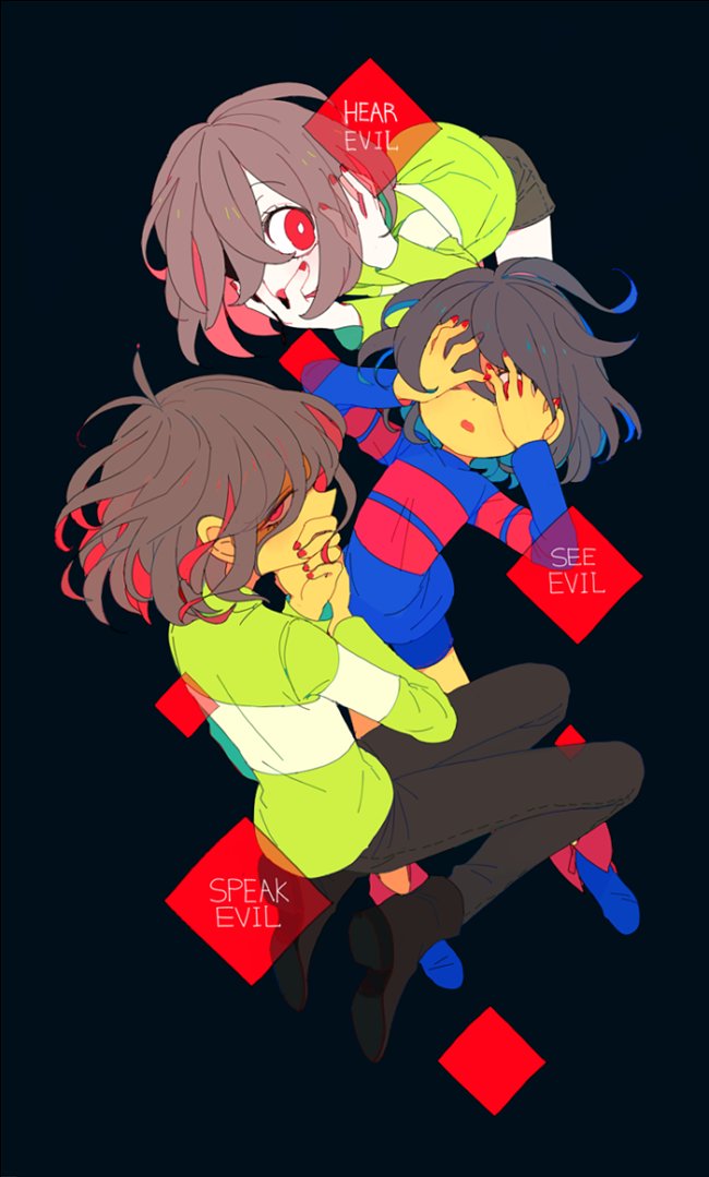 frisk, chara, and kris (undertale and 1 more) drawn by soseji_(tjduswjd)