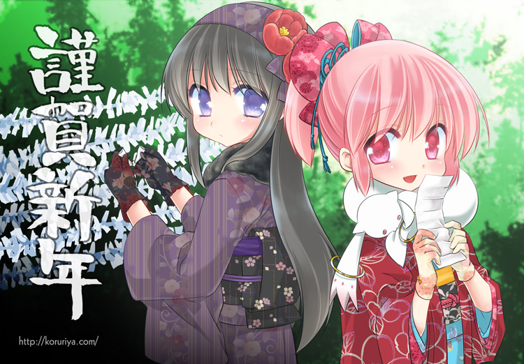 akemi homura, kaname madoka, and kyubey (mahou shoujo madoka magica) drawn by koruri