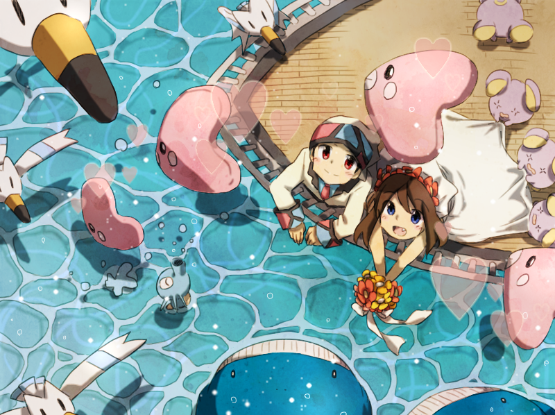 may, brendan, wingull, luvdisc, horsea, and 2 more (pokemon and 1 more) drawn by kobayashi_keyaki