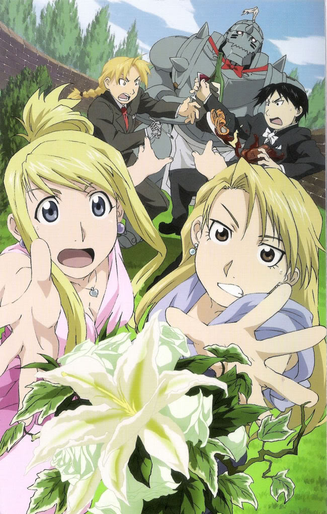 edward elric, alphonse elric, winry rockbell, riza hawkeye, and roy mustang (fullmetal alchemist)