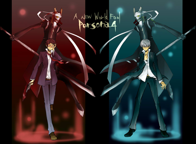 narukami yu, adachi tooru, izanagi, and magatsu izanagi (persona and 1 more) drawn by honezaki