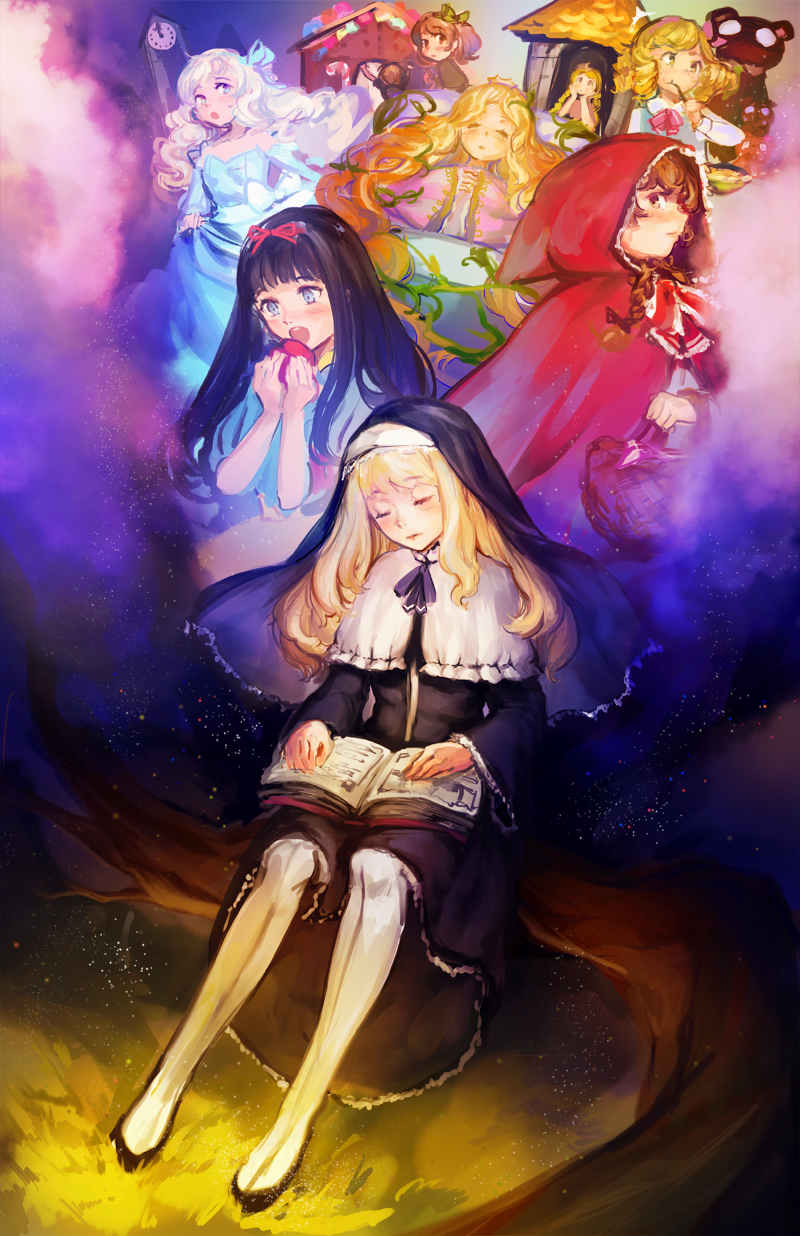 little red riding hood, snow white, cinderella, sleeping beauty, rapunzel, and 3 more (original and 7 more) drawn by k_(sktchblg)