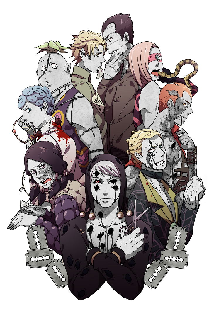 prosciutto, risotto nero, melone, ghiaccio, illuso, and 4 more (jojo no kimyou na bouken and 1 more) drawn by hanaichi_(hana13)