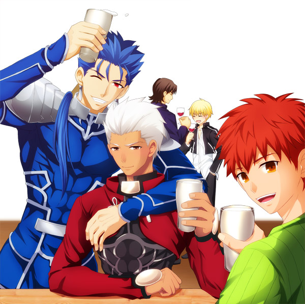 gilgamesh, emiya shirou, cu chulainn, archer, and kotomine kirei (fate and 2 more) drawn by hisohiso_(altoblue)