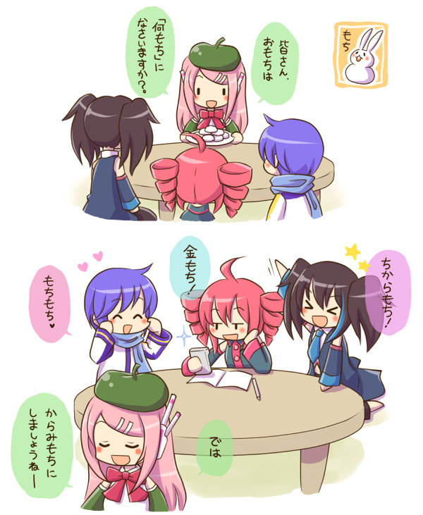 kasane teto, kaito, momone momo, and yokune ruko (vocaloid and 1 more) drawn by takitate