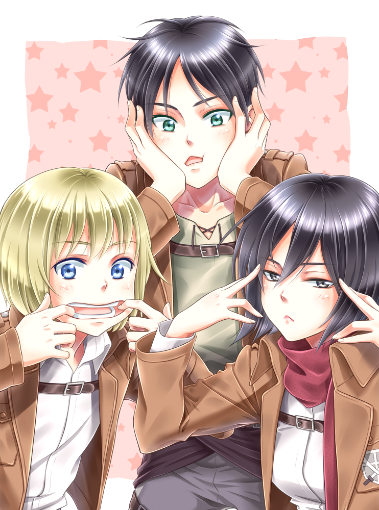 mikasa ackerman, eren yeager, and armin arlert (shingeki no kyojin) drawn by yuuhi_(yukivivi)