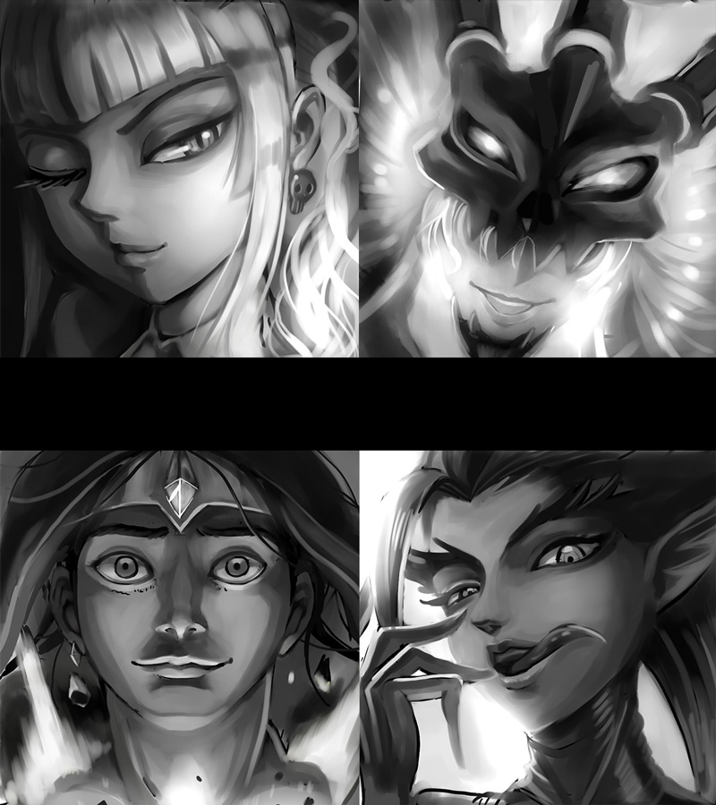 annie, thresh, zyra, and taric (league of legends) drawn by chan_qi_(fireworkhouse)