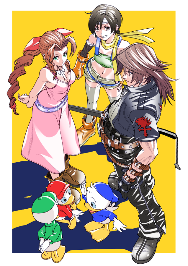 aerith gainsborough, yuffie kisaragi, squall leonhart, dewey duck, huey duck, and 1 more (final fantasy and 7 more) drawn by ko102k1