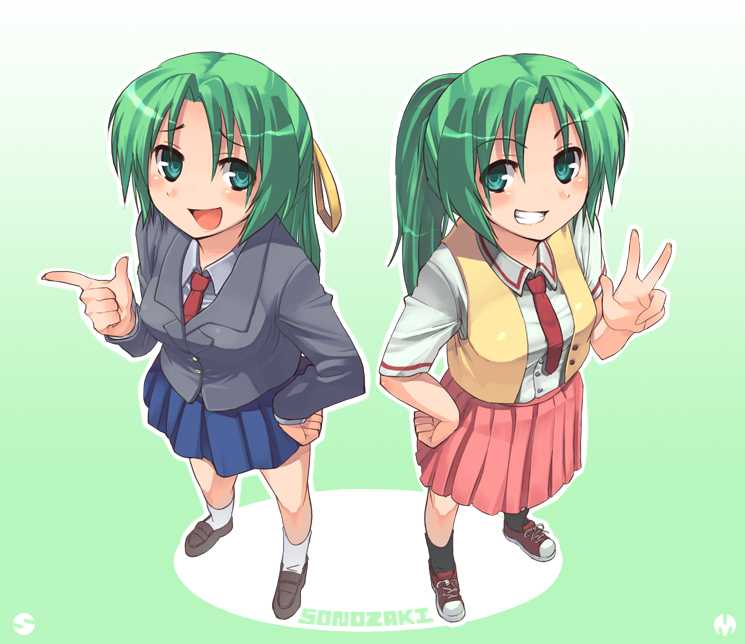 sonozaki mion and sonozaki shion (higurashi no naku koro ni) drawn by haruno_shuu