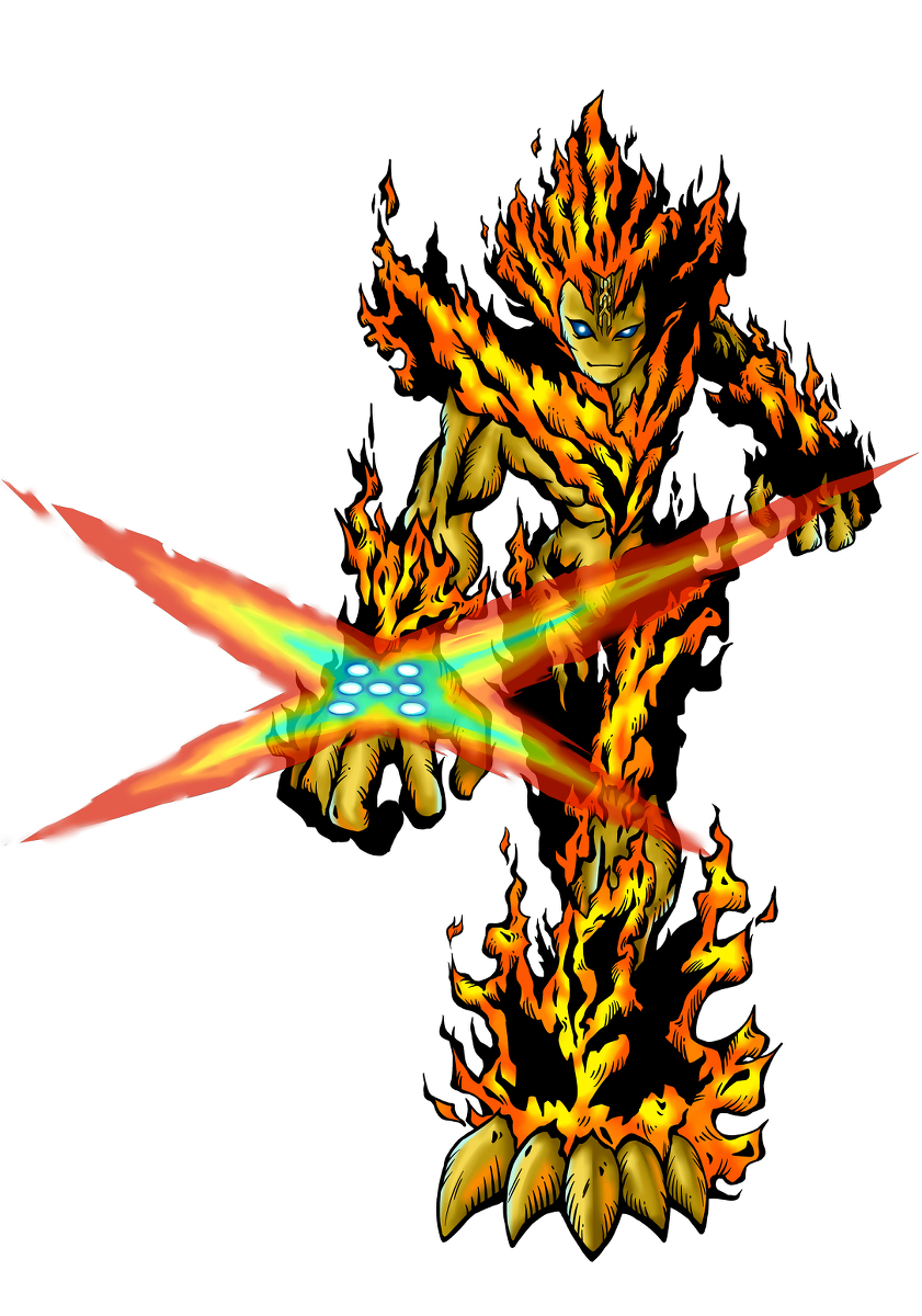 meramon and meramon x-antibody (digimon) drawn by shisan_yi