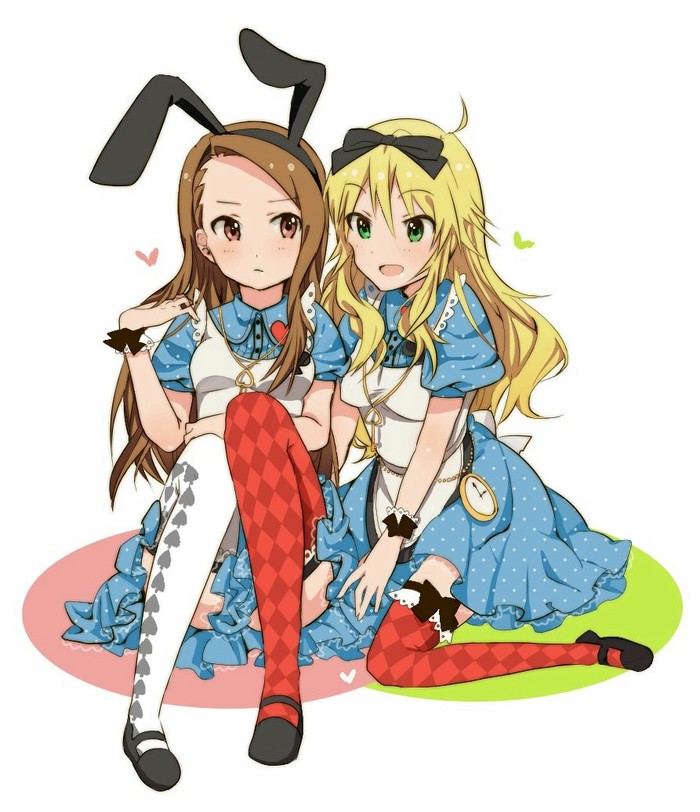 hoshii miki, minase iori, alice, and white rabbit (idolmaster and 1 more) drawn by yayamori
