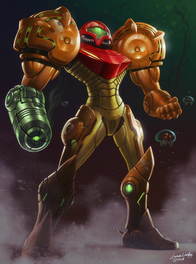 samus aran, metroid, and metroid larva (metroid) drawn by james_whitley