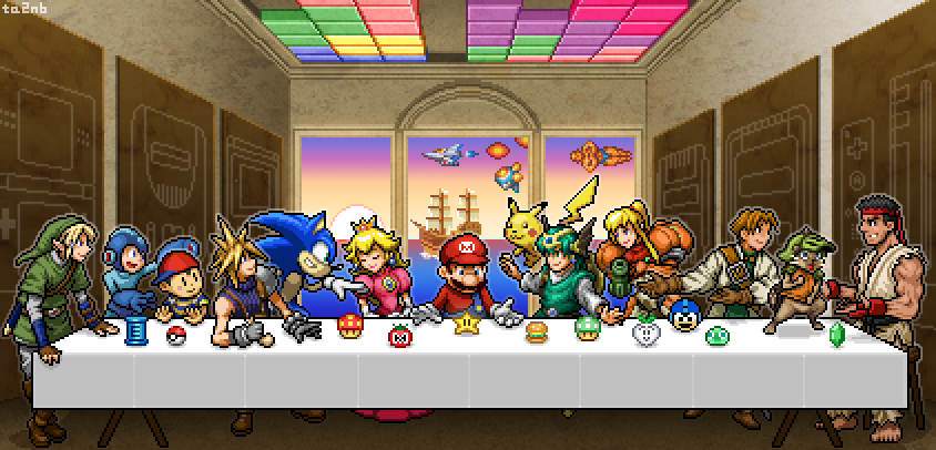 link, pikachu, cloud strife, princess peach, samus aran, and 9 more (pokemon and 19 more) drawn by ta2nb