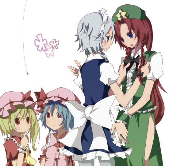 remilia scarlet, flandre scarlet, izayoi sakuya, and hong meiling (touhou) drawn by kosui_(artist)