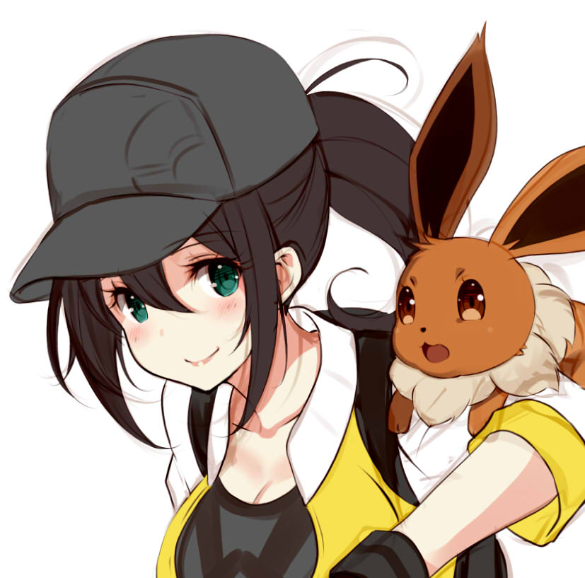 eevee and female protagonist (pokemon and 1 more) drawn by kujou_ichiso
