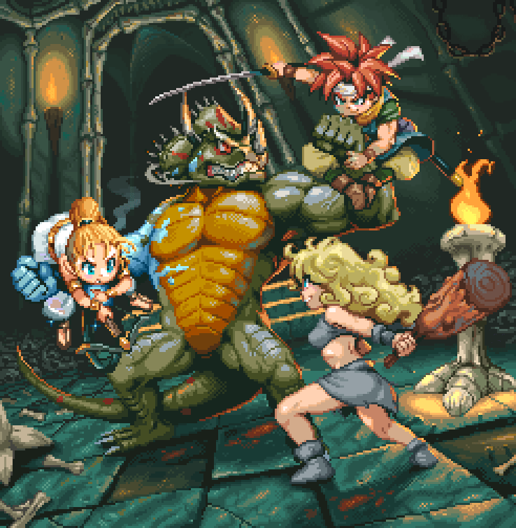 crono, marle, ayla, and nizbel (chrono trigger) drawn by moonshen_timojim