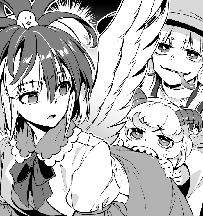 moriya suwako, toutetsu yuuma, and niwatari kutaka (touhou and 1 more) drawn by zounose