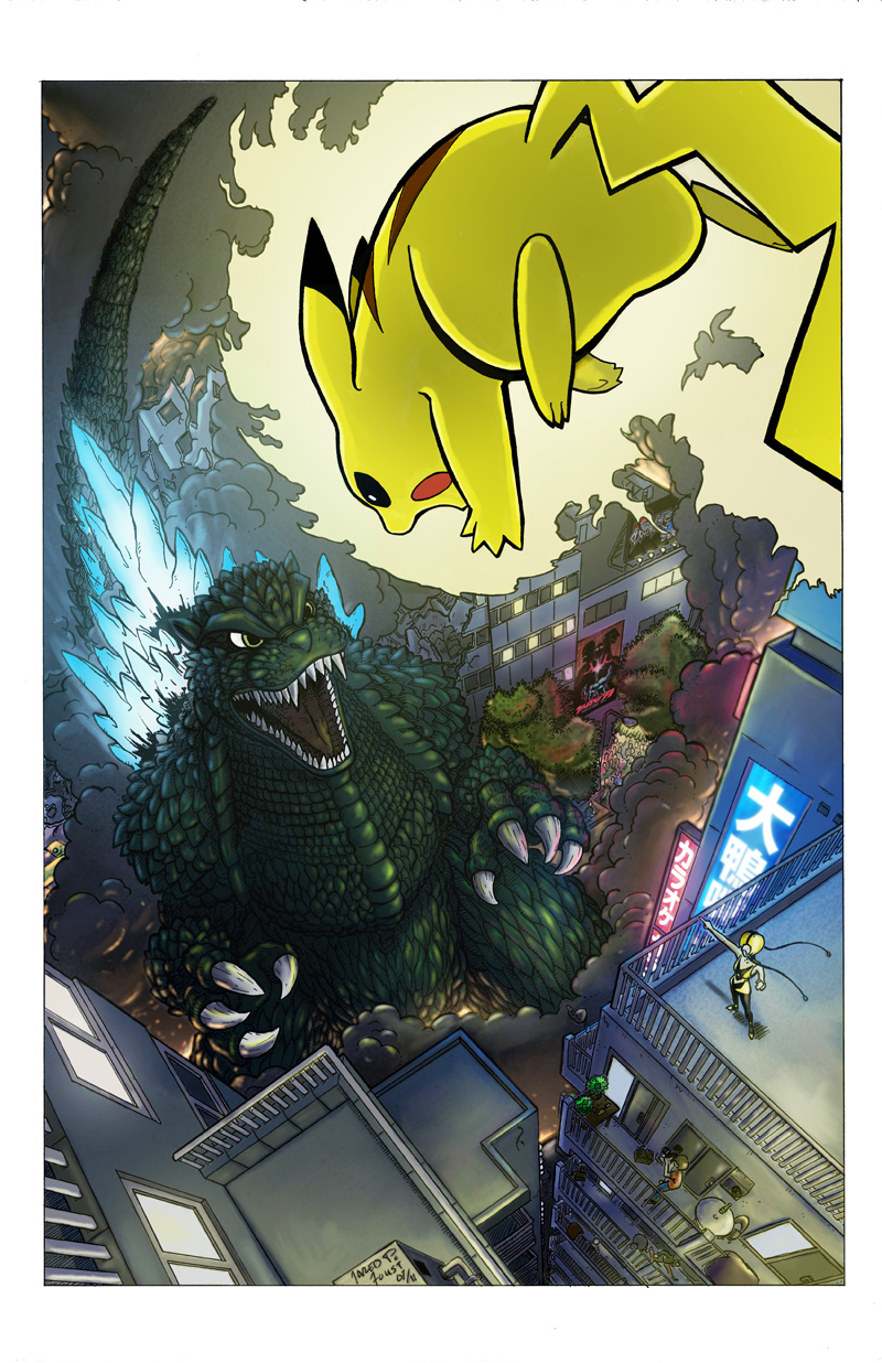 pikachu, elesa, and godzilla (pokemon and 1 more) drawn by dai_kamo_kuchibashi