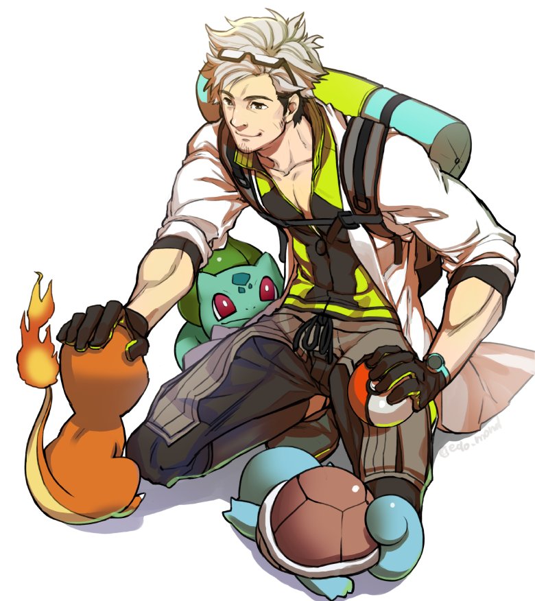 bulbasaur, squirtle, charmander, and professor willow (pokemon and 1 more) drawn by edo_mond_(edoedoedomond)