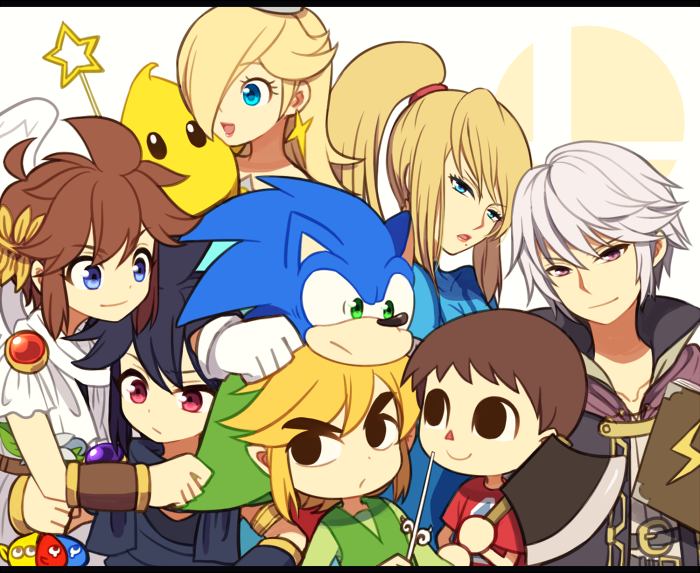 link, samus aran, sonic the hedgehog, rosalina, male robin, and 8 more (fire emblem and 12 more) drawn by wusagi2