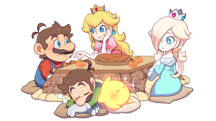 princess peach, mario, rosalina, luigi, and luma (mario and 1 more) drawn by hoshikuzu_pan