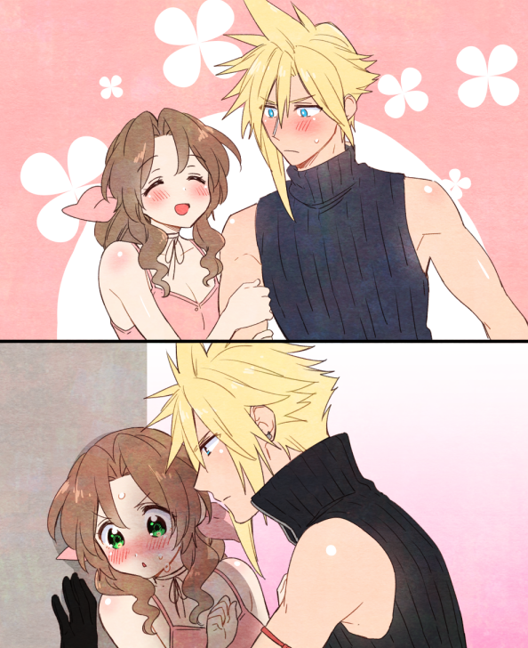 cloud strife and aerith gainsborough (final fantasy and 3 more) drawn by krudears