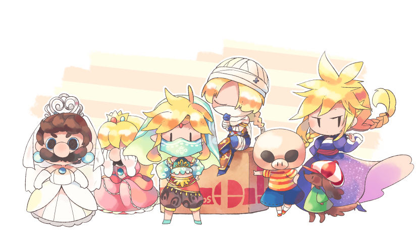 link, cloud strife, princess peach, mario, luigi, and 3 more (final fantasy and 11 more) drawn by hitofutarai