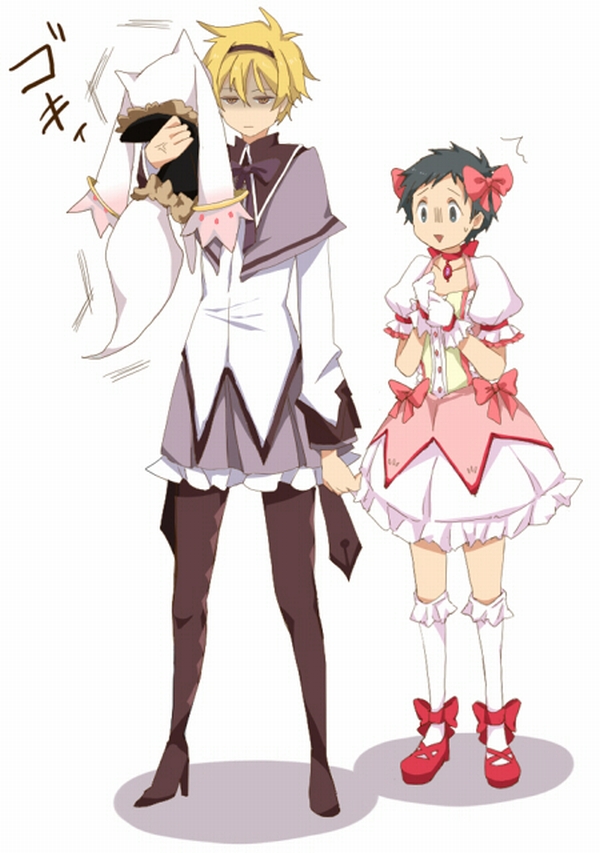 akemi homura, kaname madoka, kyubey, heiwajima shizuo, and ryuugamine mikado (mahou shoujo madoka magica and 1 more) drawn by koyonaku030