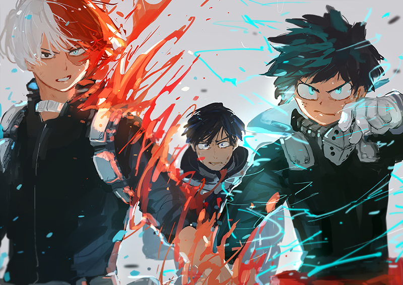 midoriya izuku, todoroki shoto, and iida tenya (boku no hero academia) drawn by anezu
