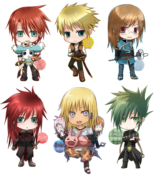 jade curtiss, mieu, guy cecil, asch, sync, and 2 more (tales of and 1 more) drawn by kuzu_youkan
