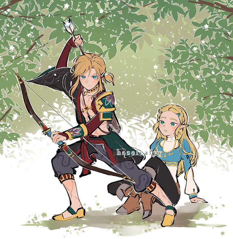 link and princess zelda (the legend of zelda and 1 more) drawn by hazeleafyy