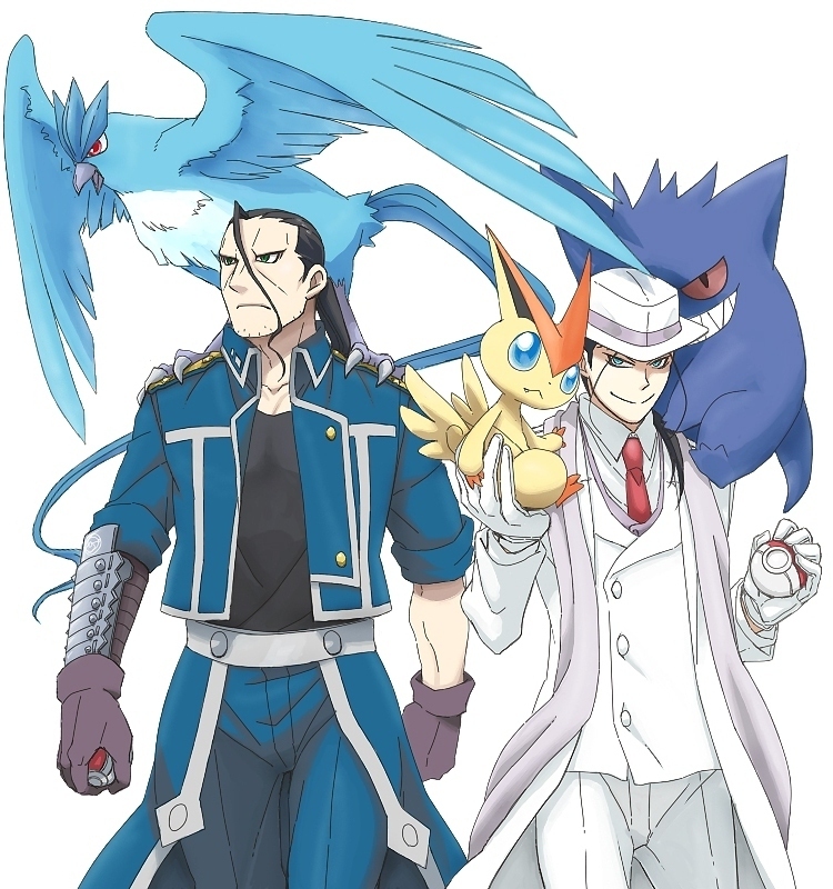 gengar, victini, articuno, solf j. kimblee, and isaac macdougal (pokemon and 1 more) drawn by ntm
