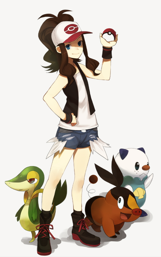 hilda, oshawott, snivy, and tepig (pokemon and 1 more) drawn by shirabi