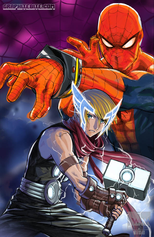 spider-man, thor, and yamashiro takuya (marvel and 1 more) drawn by graphitebite