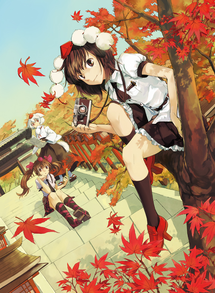 shameimaru aya, inubashiri momiji, and himekaidou hatate (touhou) drawn by nakatani_nio