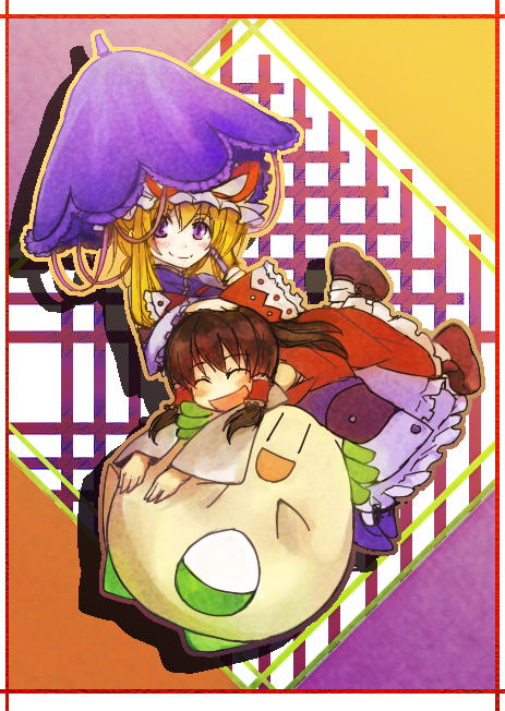hakurei reimu, yakumo yukari, and chansey (touhou and 2 more) drawn by kusanagi_kaoru