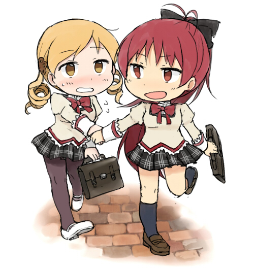 sakura kyoko and tomoe mami (mahou shoujo madoka magica) drawn by tsuduya_(knt31)