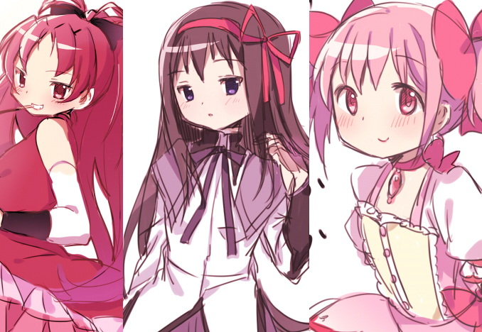 akemi homura, kaname madoka, and sakura kyoko (mahou shoujo madoka magica) drawn by rururu_(make9205)
