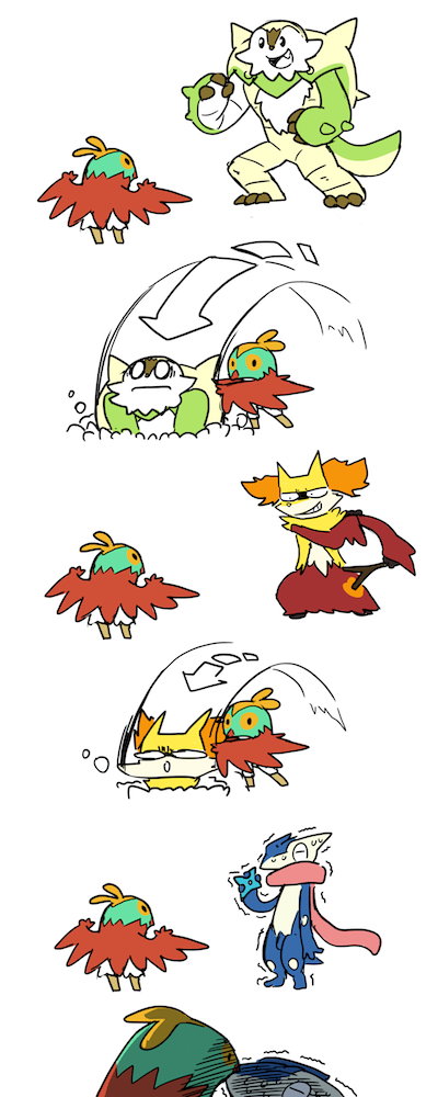 greninja, delphox, hawlucha, and chesnaught (pokemon) drawn by plainwhite
