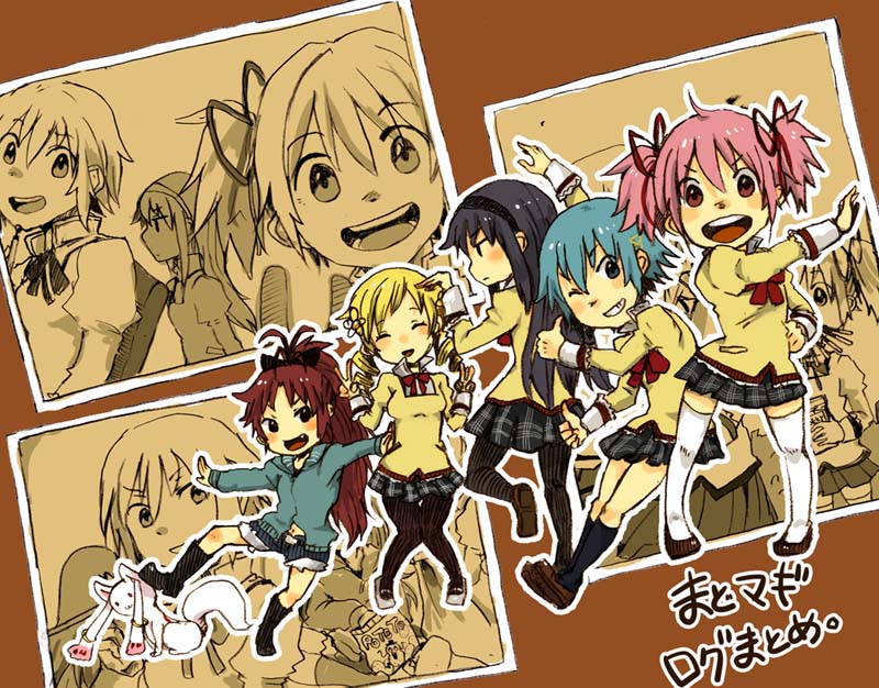 akemi homura, kaname madoka, miki sayaka, sakura kyoko, tomoe mami, and 1 more (mahou shoujo madoka magica) drawn by uzaki_(jiro)