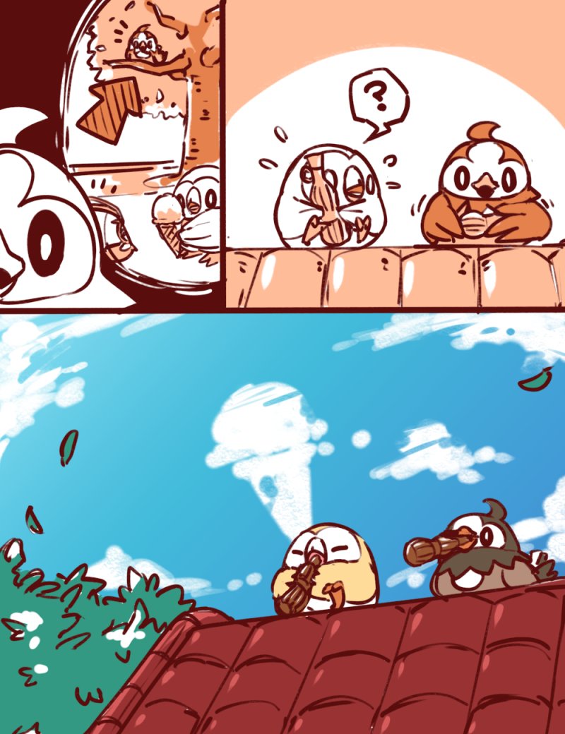 rowlet, starly, and wimpod (pokemon) drawn by piku_(another_pikuru)