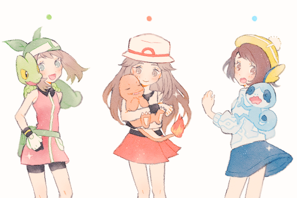 may, gloria, leaf, charmander, sobble, and 1 more (pokemon and 4 more) drawn by ryokuno_green