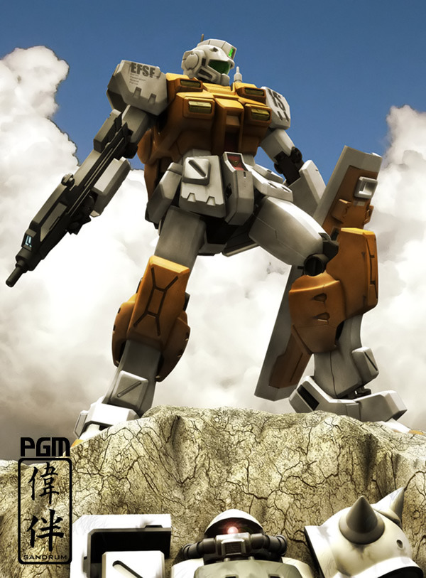 zaku ii, gm, zaku ii f2, and powered gm (gundam and 1 more) drawn by sandrum