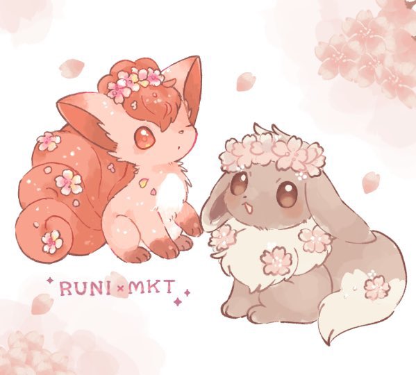 eevee and vulpix (pokemon) drawn by mkt_(buizu-miki)