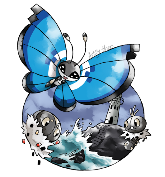 vivillon, spewpa, and scatterbug (pokemon) drawn by artsy-theo