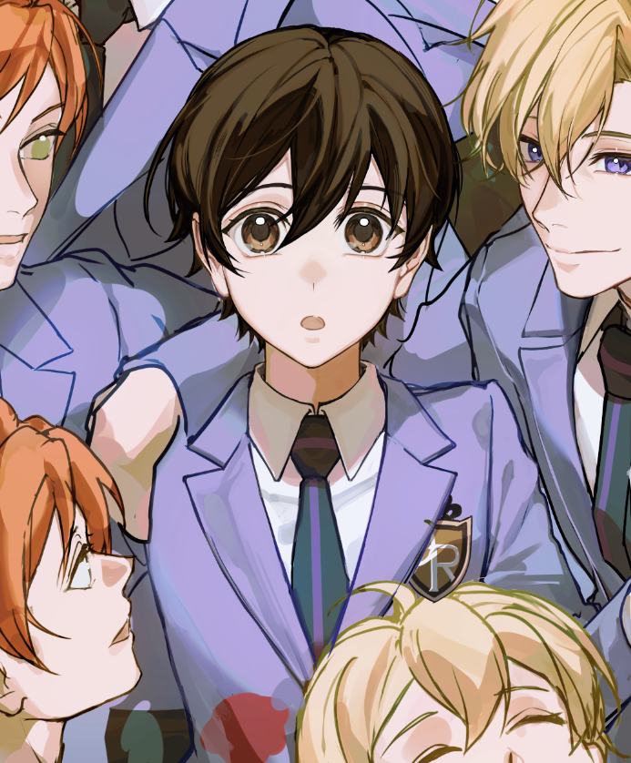fujioka haruhi, suou tamaki, hitachiin hikaru, hitachiin kaoru, and haninozuka mitsukuni (ouran high school host club) drawn by oretsuu
