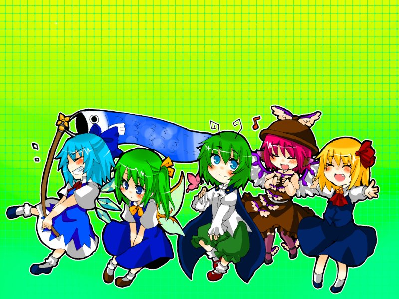 cirno, rumia, mystia lorelei, daiyousei, and wriggle nightbug (touhou) drawn by takamura