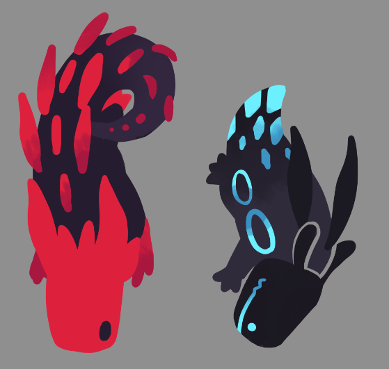 red lizard and cyan lizard (rain world) drawn by amenalyme