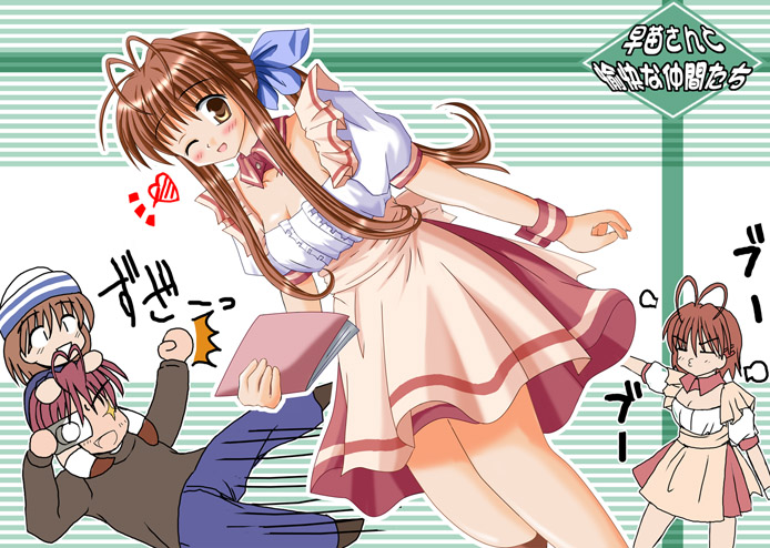 furukawa nagisa, okazaki ushio, furukawa sanae, and furukawa akio (clannad) drawn by hiiragi_tomoka